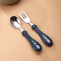 Enfants 304 acier inoxydable cuillère fourchette ensemble bébé vaisselle espace - Fourchette Et Cuillère À Manche Rond / Bleu saphir