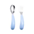 Stainless steel baby spoon and fork set toddler self-feeding training cutlery light blue - Fork / Blue