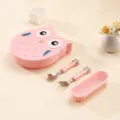 Pink owl children's tableware set with partitioned lunch box, spoon, fork, and cute box. - Spoon Fork Tableware Set / Pink