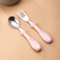 Joli set de couverts pour enfants en acier inoxydable fourchette cuillère poignée rose bébé. - Fourchette Et Cuillère À Manche Rond / Rose