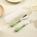 Stainless steel kids spoon and fork set with storage box and cute green silicone handles. - Green Dinosaur