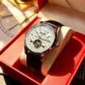 ZNIDS men mechanical watch detail view showcasing white dial, tourbillon and strap. - Black Strap Silver Case White