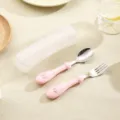 Stainless steel kids fork and spoon set with cute pink silicone handles and portable storage case. - Pink Rabbit Set