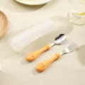 Stainless steel baby spoon and fork set with cute transparent storage box for toddlers. - Yellow Lion Set