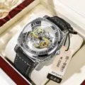 Luxury automatic mechanical watch for men featuring a skeleton carved dial and leather strap. - Black Leather Strap Silver Case
