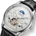 Men automatic mechanical watch with moon phase tourbillon, white dial and black leather strap. - Black Strap Silver Case White Face
