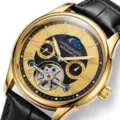Men's luxury automatic mechanical watch with gold case, black leather strap, and skeleton dial. - Black Strap Gold Case Golden Monkey