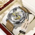 Men automatic mechanical watch with skeleton dial brown leather strap and carved silver case - Brown Leather Silver Case