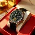 Luxurious men's automatic mechanical watch featuring a sleek black dial and leather strap. - Black Strap Silver Case Black Dial