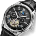 Men's automatic mechanical watch with moon phase, tourbillon dial, and black leather strap. - Black Strap Silver Case Black Face