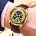 Automatic mechanical watch for men, gold-tone stainless steel case with brown leather strap. - Brown Strap Gold Dial - Butterfly Clasp
