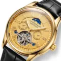 Gold mechanical watch for men with leather strap, moon phase and skeleton dial design - Black Strap Gold Case Gold Dial