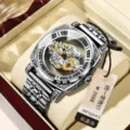 Automatic mechanical men's watch with skeleton dial, Roman numerals and steel bracelet. - White Steel Silver Case