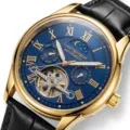 Mens automatic mechanical watch with blue dial, gold case, moon phase and leather strap. - Black Strap Gold Case Blue Dial