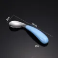 Edelstahl Baby Löffel mit blauem ergonomischem Griff, tragbares Kleinkind Essbesteck 13cm - Gebogener Einzelner Löffel / Blau