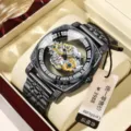 Men's automatic mechanical watch with skeleton hollow dial and elegant metal strap design. - Black Steel Black Case
