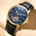Men's Automatic Mechanical Watch Gold Case Blue Dial Black Leather Strap Luxury Wristwatch - Black Strap Gold Case Blue Dial - Butterfly Clasp