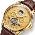 Men's automatic mechanical watch with gold case, brown leather strap and moon phase dial - Brown Strap Gold Case Gold Dial