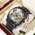 Men automatic mechanical skeleton watch luxury vintage carved leather strap wristwatch - Black Leather Strap Black Case