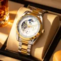 Men's mechanical watch featuring two-tone stainless steel strap, tourbillon skeleton dial & moon phase. - Two-Tone Steel White Dial