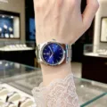 Men stylish steel strap quartz watch with blue dial and date display for business wear. - Silver Blue