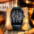 Men's tonneau quartz watch with black case and blue leather strap for fashion business. - Black Strap Black Case Black Face
