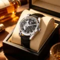 Detail view of men's mechanical watch featuring skeleton dial, moon phase, and leather strap. - Black Strap Silver Case Black Face