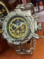 Heavy steel punk chronograph men watch with cable bezel large dial quartz timepiece. - White Steel Black
