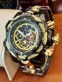 Men heavy metal punk quartz watch with large dial steel cable chronograph luxury wristwatch - Two-Tone Black Dial