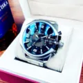 Men's large dial quartz wristwatch with calendar display, stylish business waterproof watch for daily wear. - White Steel Silver Case Black Dial