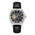 Luxury automatic mechanical watch with rhinestone bezel, black dial and leather strap. - Black Leather Black Dial