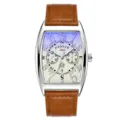 Mens tonneau quartz watch brown leather strap blue gradient dial business timepiece - Brown Strap Silver Case White Face
