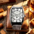 Men stylish tonneau quartz watch with white textured dial, Arabic numerals and brown leather strap. - Gray Strap Silver Case White Face