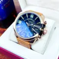 Men's large dial quartz watch with brown leather strap, blue multi-functional dial and luxury design. - Brown Leather Rose Gold Black Dial