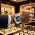 Luxury men's automatic mechanical watch featuring a sparkling diamond bezel and blue dial. - Silver Steel Blue