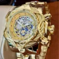 Gold mens chronograph watch oversized punk steel cable bezel luxury quartz wristwatch - Gold and White
