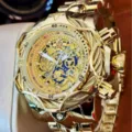 Oversized gold men's watch punk style heavy steel quartz sports chronograph wristwatch. - Gold and Steel