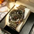 Men stainless steel mechanical watch automatic tourbillon moon phase business casual wristwatch - Silver Steel Black Dial