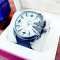 Men's large dial quartz watch featuring black leather strap and stylish crown guard design. - Black Strap Silver Case White Face