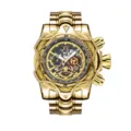 Men's gold tone heavy stainless steel chronograph wristwatch with bold wire bezel and skeleton dial. - Gold Steel Black