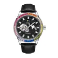 Men's automatic mechanical watch with black leather strap, rainbow gemstone bezel and starry dial. - Pin Buckle / Black Strap Silver Case Black Dial Colorful Rhinestone