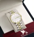 Two-tone automatic mechanical men's watch with white textured dial and steel strap. - Two-Tone Gold and Silver