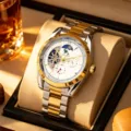 Men's automatic mechanical watch two-tone stainless steel skeleton dial luxury business dress - Two-Tone Steel White Dial