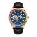 Luxury men's automatic mechanical watch with rainbow gem bezel and starry dial design. - Pin Buckle / Black Strap Rose Gold Case Blue Dial Colorful Rhinestone