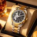 Men's mechanical watch two-tone stainless steel automatic skeleton moon phase luxury business casual time. - Two-Tone Steel Black Dial