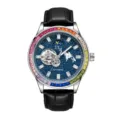 Luxury automatic mechanical watch for men with rainbow gem bezel and starry dial design. - Pin Buckle / Black Strap Silver Case Blue Dial Colorful Rhinestone
