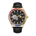 Men luxury automatic mechanical watch with rainbow crystal bezel and black leather strap. - Pin Buckle / Black Strap Rose Gold Case Black Dial Colorful Rhinestone