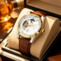 Men's automatic mechanical watch with moon phase, leather strap, and luxury gift box. - Brown Strap Two-Tone Gold Case White Dial