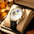 Men's mechanical watch with skeleton dial, moon phase, gold bezel and black leather strap. - Black Strap Two-Tone White Dial