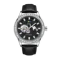 Heren automatisch mechanisch horloge met strass bezel, zwarte wijzerplaat en lederen band. - Zwarte Band Zilveren Kast Zwarte Wijzerplaat Witte Strass